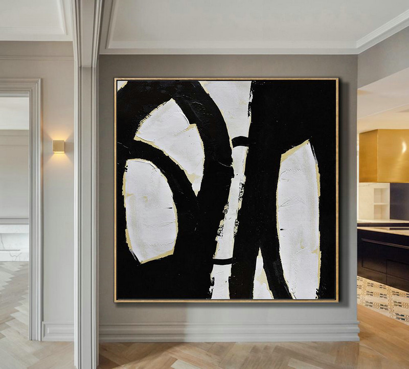 Large Contemporary Art Acrylic Painting,Handmade Minimal Art Palette Knife Canvas Painting, Black White Beige - Large Paintings For Living Room